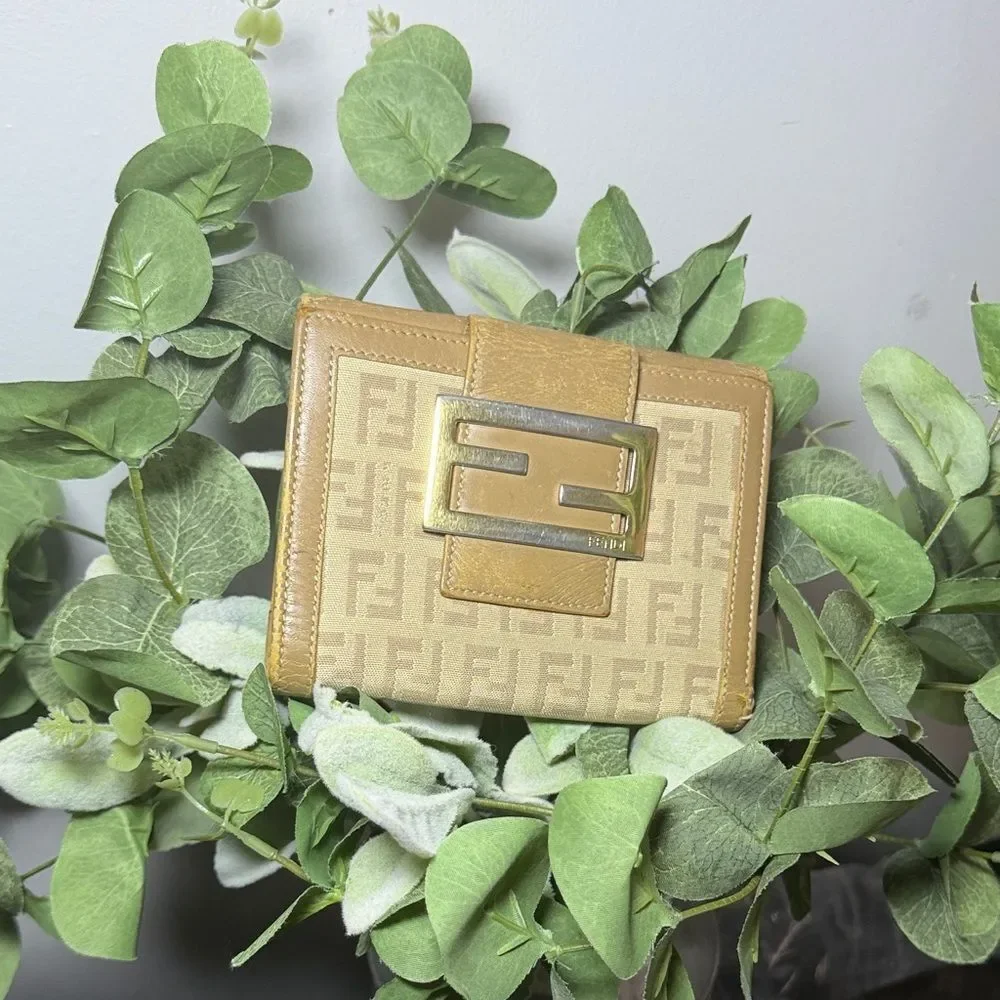 Beige Fendi Zucchino monogram canvas and leather bifold wallet